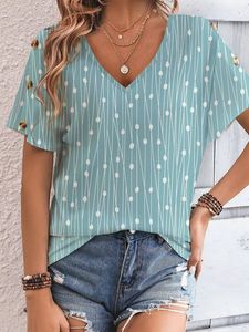 Buckle Jersey Geometric Printed Casual V-neck Blouses