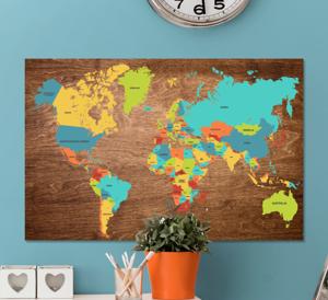 Wereldkaart canvas schilderij Hout textuur