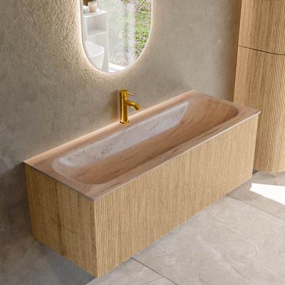 Badmeubel Mondiaz Kurve-Dlux | 120 cm | Meubelkleur Oak | Wastafelkleur Saba | Solid surface | Wasbak midden spoelbak | 1 kraangat