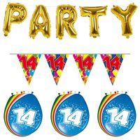 Verjaardag feestversiering 14 jaar PARTY letters en 16x ballonnen met 2x plastic vlaggetjes - thumbnail