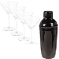 4x Cocktailglazen / martiniglazen 260 ml + cocktailshaker zwart 500 ml RVS