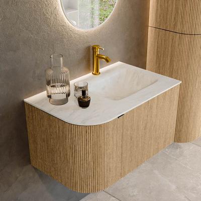 Badmeubel Mondiaz Kurve-Dlux | 75 cm | Meubelkleur Oak | Wastafelkleur Opalo | Solid surface | Rechts spoelbak | 1 kraangat