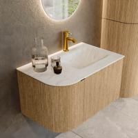 Badmeubel Mondiaz Kurve-Dlux | 75 cm | Meubelkleur Oak | Wastafelkleur Opalo | Solid surface | Rechts spoelbak | 1 kraangat
