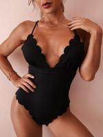 Solid Ribbed Scalloped One-piece Swimsuit - thumbnail