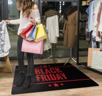 Zwart vinyl tapijt Black Friday rode letters