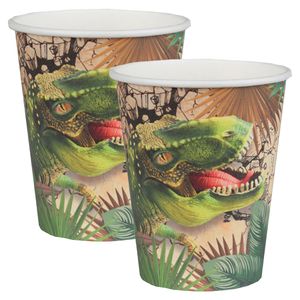 Feest wegwerp bekertjes - dinosaurus - 20x stuks - 270 ml - bruin/groen - karton