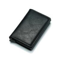Automatic Elastic Card Type Anti-magnetic RFID Anti-theft Retro Card Package Universal Leather Metal Wallet(Black )