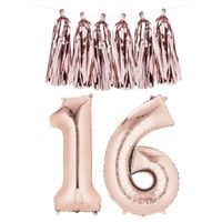 Sweet 16 jaar cijfer ballonnen met slinger rosegoud   - - thumbnail