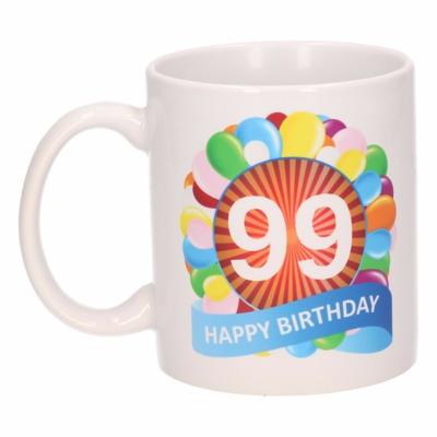 99 jaar Verjaardag koffiemok - cadeau beker - feestelijke ballonnen print - 300 ml - keramiek - wit