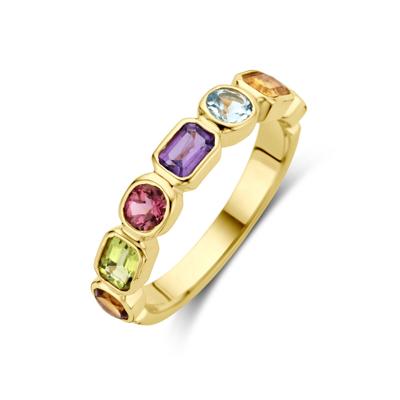 14k Geelgouden Ring met Amethist, Sky Blue Topaas, Citrien, Peridot en Roze Topaas - Kleurrijke Elegantie