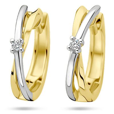 Klapoorringen geel-en witgoud-diamant 2 x 0.015 ct Hsi 3 x 14 mm