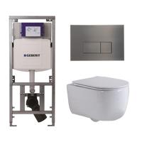 QeramiQ Dely Swirl Toiletset - 36.3x51.7cm - diepspoel - rimless - Geberit UP320 Burda inbouwreservoir - slim zitting - gunmetal bedieningsplaat - rechtehoekige knoppen - wit mat 0701131/SW706199/SW1000766/SW1026257