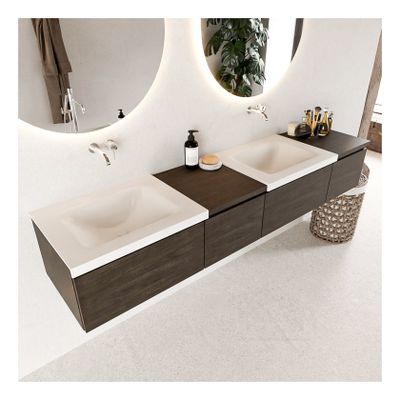 Mondiaz Bukla 200cm badmeubel met module 40 links dark brown 4 lades met wastafel dubbel zonder kraangat kleur talc