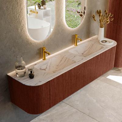 Badmeubel Mondiaz Kurve-Dlux | 180 cm | Meubelkleur Ruby | Wastafelkleur Nata | Solid surface | Wasbak beide zijden spoelbak | 2 kraangaten