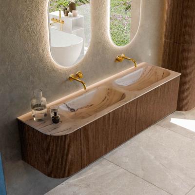 Badmeubel Mondiaz Kurve-Dlux | 165 cm | Meubelkleur Walnut | Wastafelkleur Arena | Solid surface | Dubbel / Rechts spoelbak | Zonder kraangat(en)