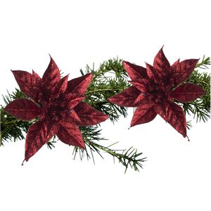 2x stuks kerstboom bloemen kerstster rood glitter op clip 15 cm - Kersthangers