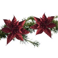 2x stuks kerstboom bloemen kerstster rood glitter op clip 15 cm - Kersthangers - thumbnail