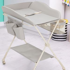 Opvouwbare Luiertafel in Hoogte Verstelbare Luiertafel met Afneembare en Vergrendelbare Wielen Veiligheidsgordel Grijs
