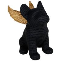 Ostaria Beeldje Franse Bulldog - met gouden vleugels - 20 cm - hars - zwart - honden beeld