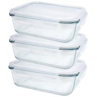 Vershoudbakje/lunchbox - 3x - luchtdicht - met clips - glas - 21 x 16 cm - 1040 ml