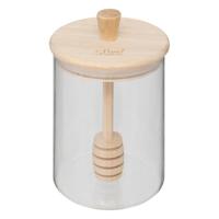 Honingpot incl lepel - transparant - glas/bamboe - 400 ml - thumbnail