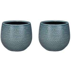 Set van 3x stuks bloempotten midnight blauw ribbels keramiek voor kamerplant H12 x D14 cm