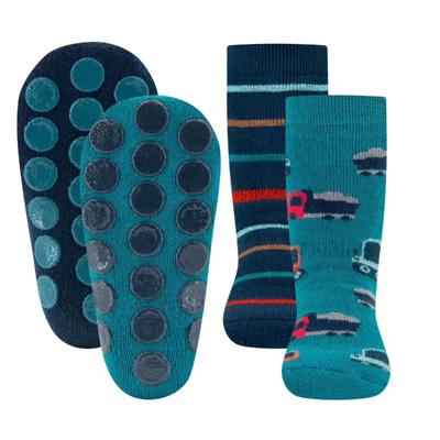 Ewers antislip sokken 2-pack Baustellenfahrzeuge Navy Turquoise-18-19