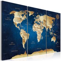 Schilderij -Wereldkaart , Donkerblauwe Dieptes , 3 luik