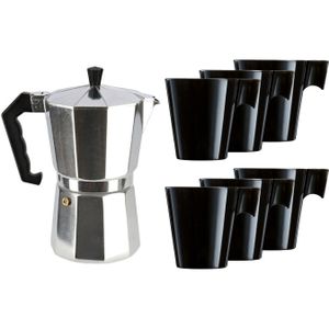 Aluminium moka/koffiemaker met 6x zwarte kopjes