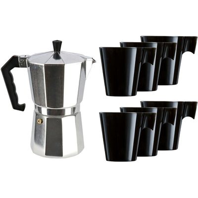 Aluminium moka/koffiemaker met 6x zwarte kopjes
