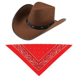 Carnaval verkleedset cowboyhoed Billy Boy - bruin - met rode hals zakdoek - voor volwassenen