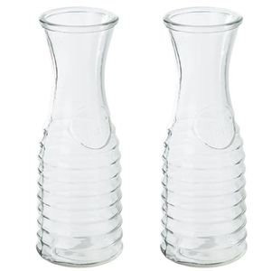 2x stuks karaffen/schenkkannen 1 liter van ribbel glas met uitlopende hals