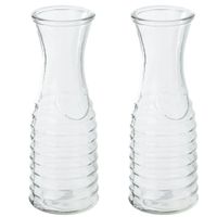 2x stuks karaffen/schenkkannen 1 liter van ribbel glas met uitlopende hals