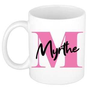 Naam mok Myrthe - roze - wit - keramiek - 300 ml - verjaardag/cadeau beker