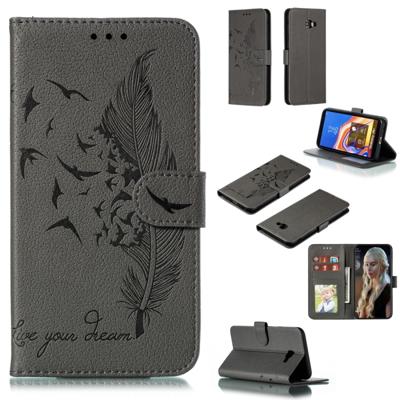 Feather patroon Litchi textuur horizontale Flip lederen draagtas met portemonnee & houder & kaartsleuven voor Galaxy J4 + (grijs)