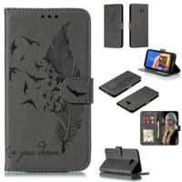 Feather patroon Litchi textuur horizontale Flip lederen draagtas met portemonnee & houder & kaartsleuven voor Galaxy J4 + (grijs)