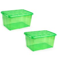 2x Opslagbakken/organizers met deksel 60 liter 63 x 46 x 32 transparant groen - thumbnail