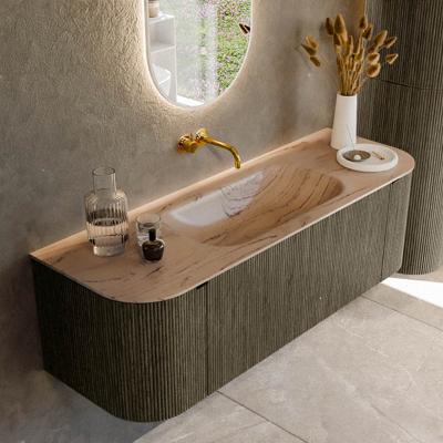 Badmeubel Mondiaz Kurve-Dlux | 140 cm | Meubelkleur Shadow | Wastafelkleur Arena | Solid surface | Wasbak midden spoelbak | Zonder kraangat(en)