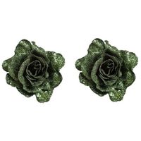 2x Groene decoratie roos glitters op clip 10 cm   -