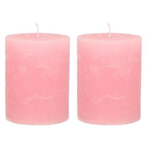 Stompkaars/cilinderkaars - 2x - roze - 7 x 9 cm - middel rustiek model