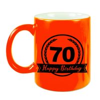 Happy Birthday 70 years cadeau mok / beker neon oranje met wimpel 330 ml Happy Birthday 70 years cadeau mok / beker neon oranje met wimpel 330 ml