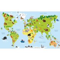 Poster wereldkaart met dieren / natuurlijke leefgebieden voor op kinderkamer / school 84 x 52 cm   - - thumbnail
