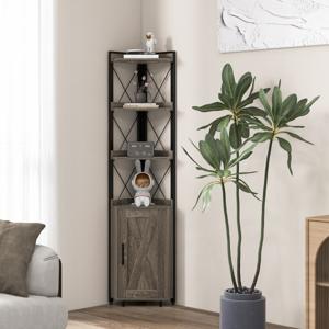 Hoge Kast met 6 Verdiepingen Opbergkast Smal met 4 Planken en Verstelbare Planken Keukenkast Boekenkast Hoekkast Grijs/Bruin