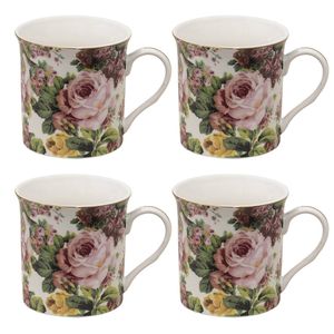 HAES DECO - Mokken set van 4 - 12x8x9 cm / 330 ml - met Bloemen - Pink flowers