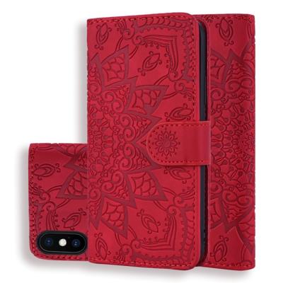 Kalf patroon dubbele vouwen ontwerp reliëf lederen draagtas met portemonnee & houder & kaartsleuven voor iPhone XS/X (rood)