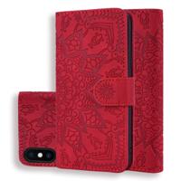 Kalf patroon dubbele vouwen ontwerp reliëf lederen draagtas met portemonnee & houder & kaartsleuven voor iPhone XS/X (rood)