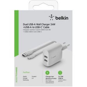 Belkin Dual USB-A Charger. 24W incl. USB-C Cable 1m. white