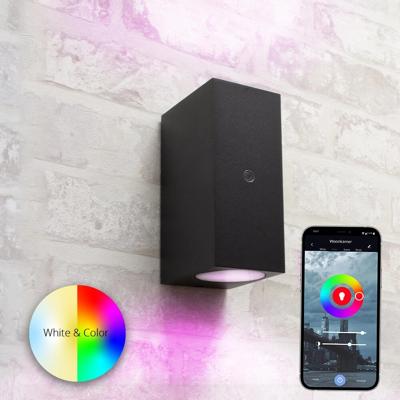 Zwarte up down wandlamp voor buiten met Zigbee GU10 spots - Met schemersensor