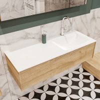 Mondiaz Lush Cloud badmeubel eiken licht 120 cm 1 lade solid surface enkele spoelbak rechts 1 kraangat