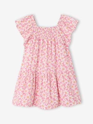 Jurk voor meisjes met smockwerk en bloemenprint roze (poederkleur)